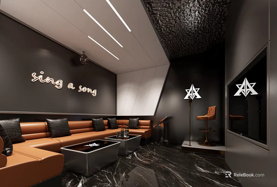 Stylish KTV Lounge Interior With Sing a Song Decor Brown Sofas And Marble Floor 3d model