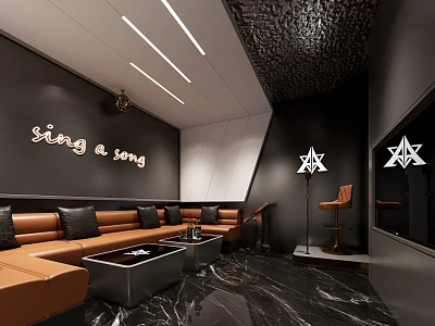 Stylish KTV Lounge Interior With Sing a Song Decor Brown Sofas And Marble Floor 3d model