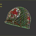 Green Military Helmet With Netting And Red Patterns Underneath Red Strap 3d model