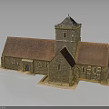 Traditional Stone Church Building With Red Roof Tower And Arched Windows