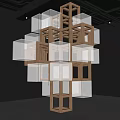 Modern Sculptural Installation With Wooden Frame And Transparent Glass Cubes In Black Exhibition Space