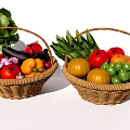 Two Woven Baskets Filled With Fresh Assorted Vegetables Including Tomatoes Eggplants And Leafy Greens