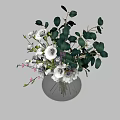 Round Glass Vase With Purple Pink White Flowers And Green Leaves