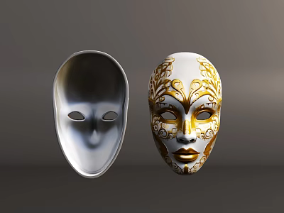 Silver Simple And White Decorative Masks Featuring Golden Ornate Patterns 3d model