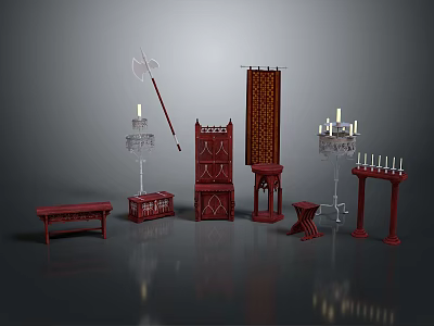 Traditional Chinese Furniture Collection With Red Throne Chair Cabinet Screen And Candelabra 3d model