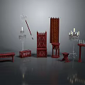 Traditional Chinese Furniture Collection With Red Throne Chair Cabinet Screen And Candelabra