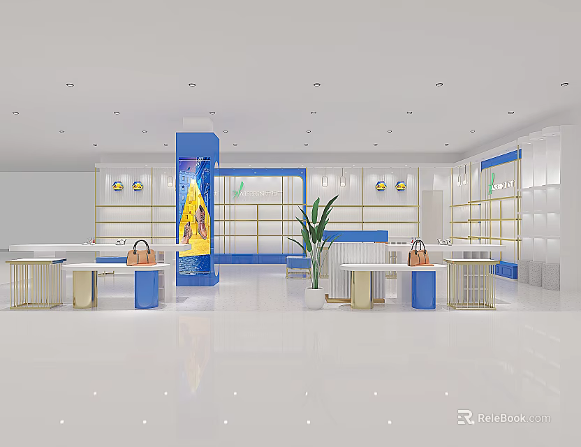 Modern Boutique Interior With Blue White Decor Display Shelves Plants And Handbags 3d model 