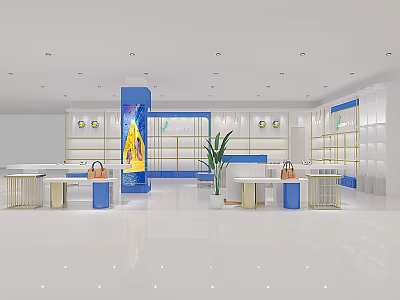 Modern Boutique Interior With Blue White Decor Display Shelves Plants And Handbags 3d model