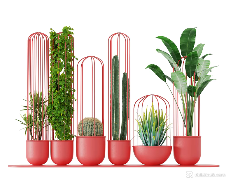 Decorative Bonsai and Potted Plants in Red Pots with Metal Frames and Various Greenery 3d model 