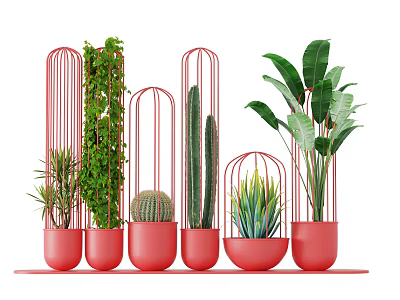 Decorative Bonsai and Potted Plants in Red Pots with Metal Frames and Various Greenery 3d model