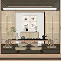 Japanese Style Tea Room Interior With Bamboo Screens Decorative Paintings And Tatami Cushions
