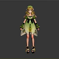 Woman In Green And Yellow Dress With Blonde Hair Green Headpiece Black Decorations And Sandals