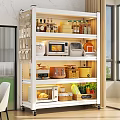 Dinnerware Set And Kitchen Utensils On White Multi tiered Shelf Organizing Spices Appliances And Vegetables