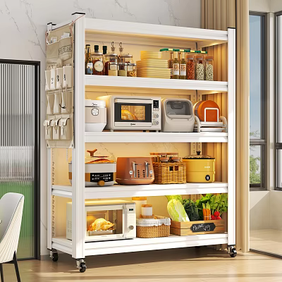 Dinnerware Set And Kitchen Utensils On White Multi tiered Shelf Organizing Spices Appliances And Vegetables 3d model