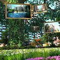 Garden Landscape With Vines Covered Tree Photo Frames Buildings Water Features And Flowers