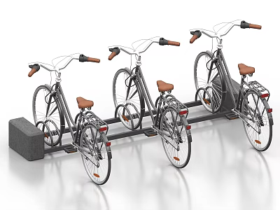Four Bicycles Parked On Metal Bike Rack With Brown Seats And Orange Grips 3d model