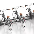 Four Bicycles Parked On Metal Bike Rack With Brown Seats And Orange Grips