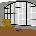 Yellow Armchair In Interior With Arched Black Frame Grid-Patterned Window And Brown Floor