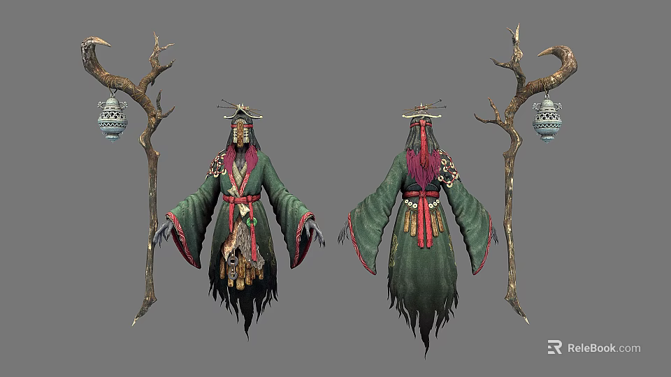 Two People In Traditional Green Robes With Red Decorations Holding Branch Staffs And Lanterns 3d model 