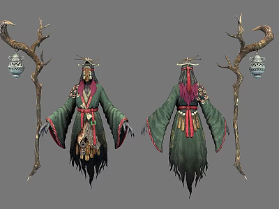 Two People In Traditional Green Robes With Red Decorations Holding Branch Staffs And Lanterns 3d model