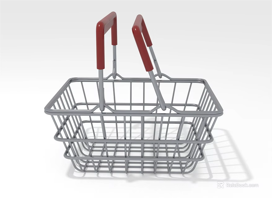 Household Essentials Metal Shopping Basket With Red Handles And Wireframe Design 3d model 