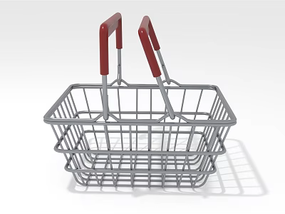 Household Essentials Metal Shopping Basket With Red Handles And Wireframe Design 3d model