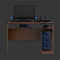 Wooden Computer Desk Setup With Monitor Keyboard Speakers Mouse And Router