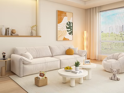 Modern Sofa and Coffee Table with Accent Chair Round White Table Wall Art and Plants 3d model
