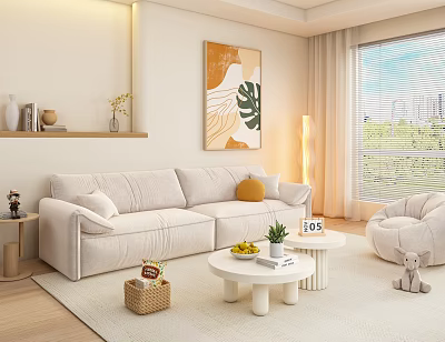 Modern Sofa and Coffee Table with Accent Chair Round White Table Wall Art and Plants 3d model