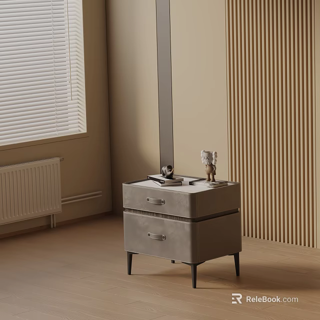 Stylish Modern Grey Fabric Nightstand With Two Drawers And Decorative Items On Top 3d model 