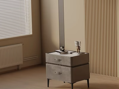 Stylish Modern Grey Fabric Nightstand With Two Drawers And Decorative Items On Top 3d model