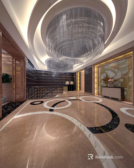 Elegant Shop Front Desk Interior With Crystal Chandelier Marble Floor And Decorative Wall 3d model 