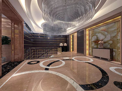 Elegant Shop Front Desk Interior With Crystal Chandelier Marble Floor And Decorative Wall 3d model