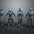 Blue Gray Futuristic Game Movie Character In Tech Armor With Luminous Lines And Four Angles