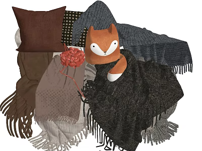 Collection of Cozy Scarves Pillows and Fox Plush with Decorative Flower 3d model