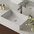 Modern White Bathroom Washbasin On Marble Countertop With Wooden Cabinet And Flower Vase