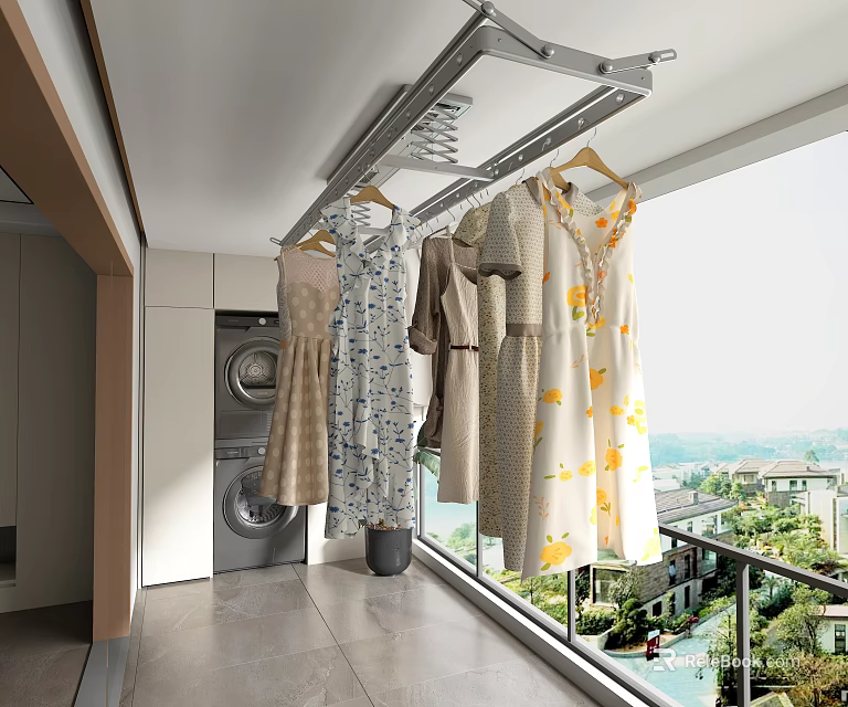 Hanging Clothes Rack In Modern Balcony Laundry Area With Dresses And Shirts 3d model 