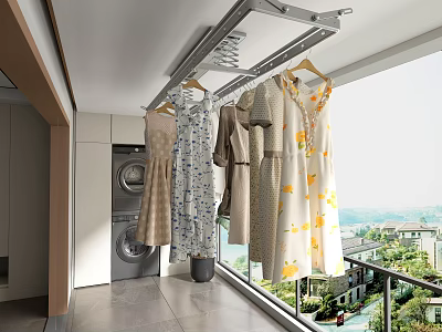 Hanging Clothes Rack In Modern Balcony Laundry Area With Dresses And Shirts 3d model