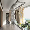 Hanging Clothes Rack In Modern Balcony Laundry Area With Dresses And Shirts