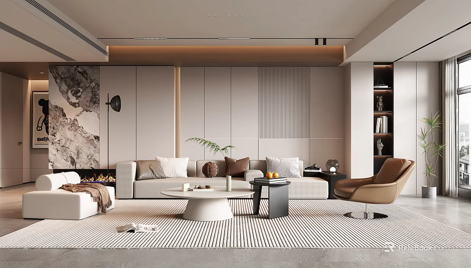 Modern Living Room Interior Design With Beige Sofa Striped Rug And Round Coffee Table 3d model 