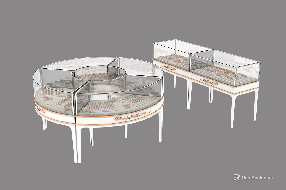 Circular and Rectangular Display Shelves with Transparent Glass Covers and White Legs for Merchandise 3d model 