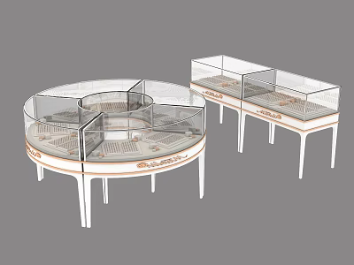 Circular and Rectangular Display Shelves with Transparent Glass Covers and White Legs for Merchandise 3d model