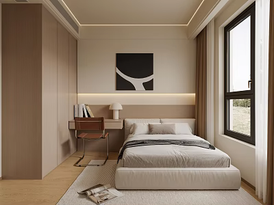 Bedroom Interior With Wooden Wardrobe Bed Beige Bedding Desk Lamp Chair And Large Window 3d model