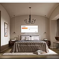 Elegant Beige Bedroom Interior Design With Arched Ceiling Chandelier Nightstands Area Rug And Accent Chair