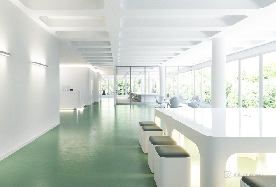 Modern Bright Lounge Area Interior With White Long Table Green Floor And Large Windows 3d model 