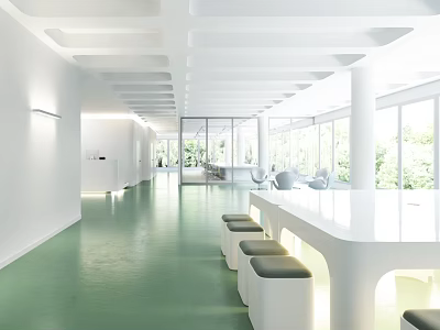 Modern Bright Lounge Area Interior With White Long Table Green Floor And Large Windows 3d model