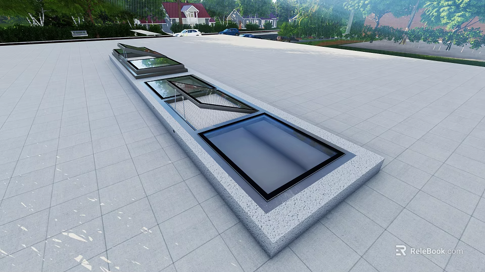 Single Family House Outdoor Area With Glass Light Well Paved Ground And Landscaping 3d model 