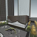 Modern Sales Office Building With Curved Metal Strips Glass Facade And High Rise Buildings