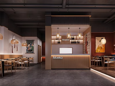Modern Moku Restaurant Interior With Bar Counter Hanging Lamps And Decorative Paintings 3d model