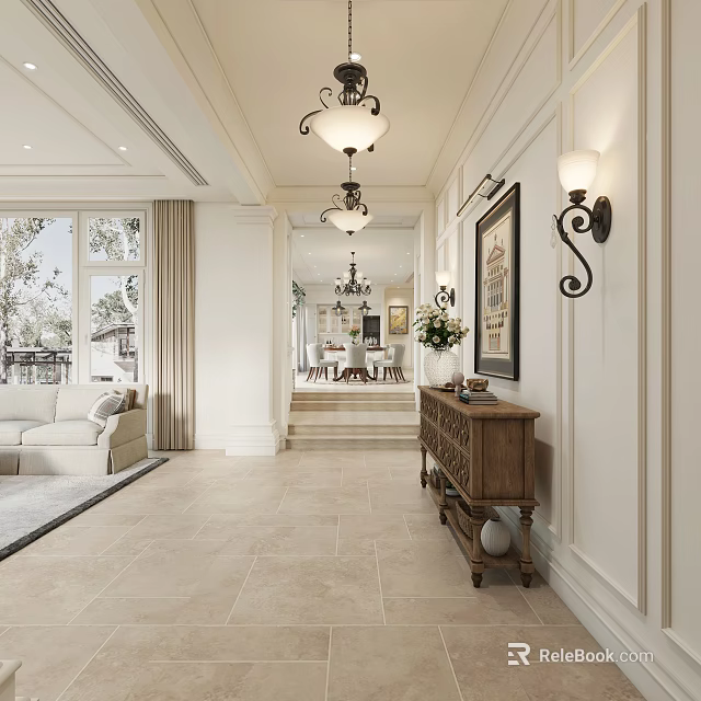 Elegant Living Dining Room Interior With Chandeliers Wall Sconces And Wooden Cabinet Window View 3d model 